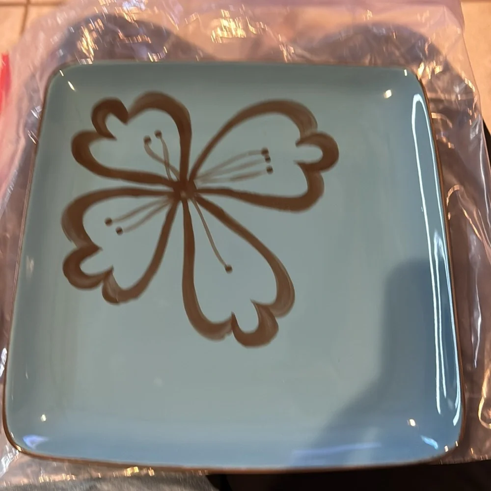 Pier 1 Hibiscus Square Plates Brown Turquois Dinner Discontinued Pattern Pair